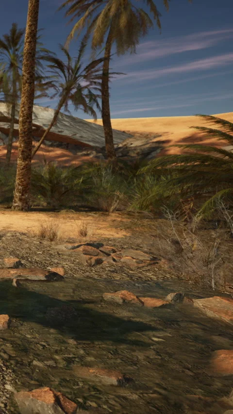Desert landscape with palm trees and rocky water bed during sunny day Stock Footage 342191762