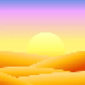Desert landscape in pixel art style. Sun over sand dunes in the style of 8-.. Stock Illustration