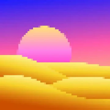 Desert landscape in pixel art style. Sun over sand dunes in the style of 8-.. Stock Illustration