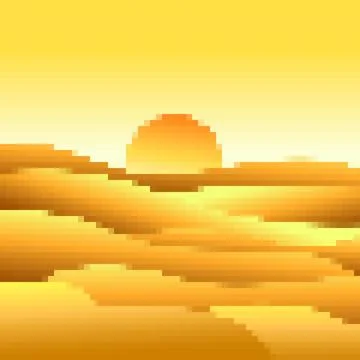 Desert landscape in pixel art style. Sun over sand dunes in the style of 8-.. Stock Illustration