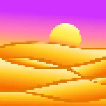 Desert landscape in pixel art style. Sun over sand dunes in the style of 8-.. Stock Illustration
