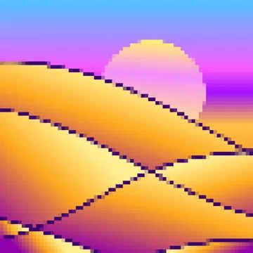 Desert landscape in pixel art style. Sun over sand dunes in the style of 8-.. Stock Illustration