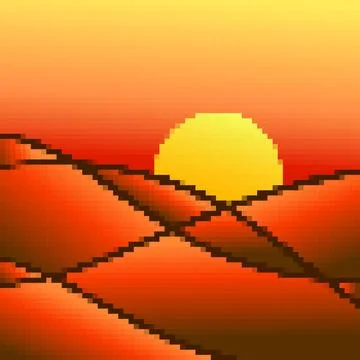 Desert landscape in pixel art style. Sun over sand dunes in the style of 8-.. Stock Illustration