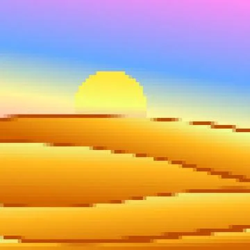 Desert landscape in pixel art style. Sun over sand dunes in the style of 8-.. Stock Illustration