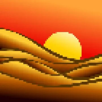 Desert landscape in pixel art style. Sun over sand dunes in the style of 8-.. Stock Illustration