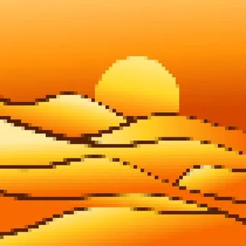 Desert landscape in pixel art style. Sun over sand dunes in the style of 8-.. Stock Illustration