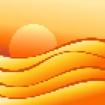 Desert landscape in pixel art style. Sun over sand dunes in the style of 8-.. Stock Illustration