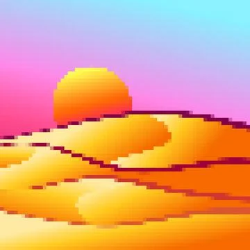 Desert landscape in pixel art style. Sun over sand dunes in the style of 8-.. Stock Illustration