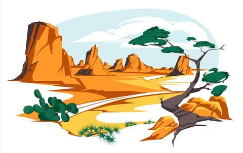 Desert landscape with rocks and cactuses. Vector flat illustration of highway tu イラスト素材