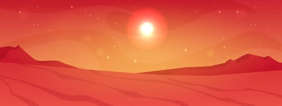 Desert landscape with sand dunes, vector cartoon night starry red sky with full Ilustração Stock