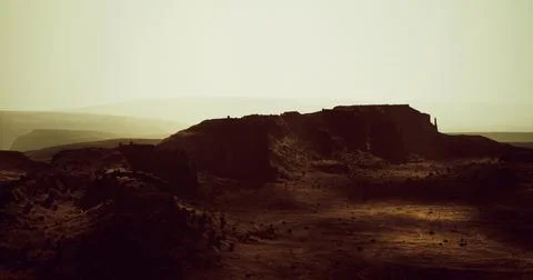 Desert landscape showcases dramatic rock formations under soft sunlight Stock-Illustration