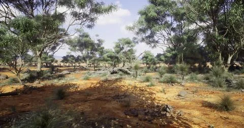 Desert landscape under clear sky with scattered trees and rocky terrain Stockillustratie