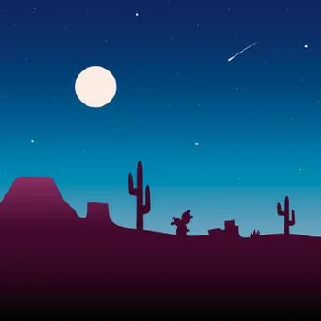 Desert landscape under the night sky vector illustration. Night desert area with Stock Illustration