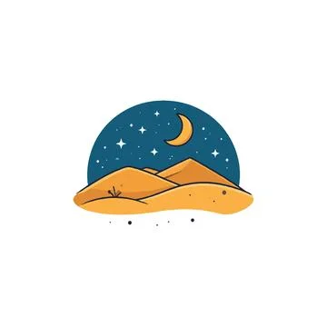 Desert landscape under a starlit sky and crescent moon enchanting night sce.. Ilustração Stock