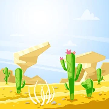 Desert landscape, vector illustration. Cactuses, rocks and sand dunes cartoon Stock Illustration