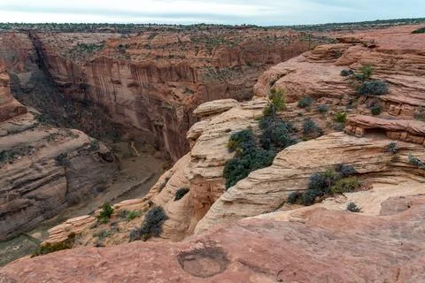 Desert landscape, view of red eroded rocks, Canyon de Chelly National Monum.. Stock Photos