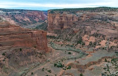 Desert landscape, view of red eroded rocks, Canyon de Chelly National Monum.. Stock Photos