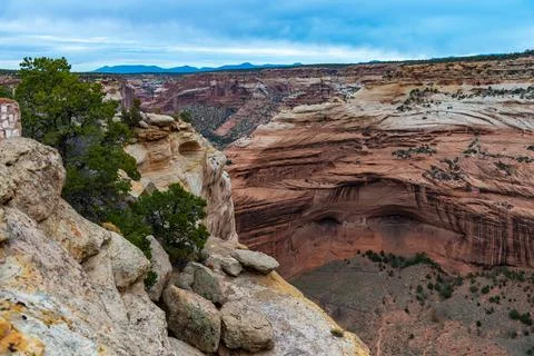 Desert landscape, view of red eroded rocks, Canyon de Chelly National Monum.. 스톡 사진