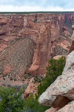 Desert landscape, view of red eroded rocks, Canyon de Chelly National Monum.. 스톡 사진