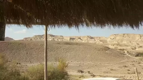 Desert Landscape Viewed from Under a Thatched Shade Structure Stock Footage 302312036