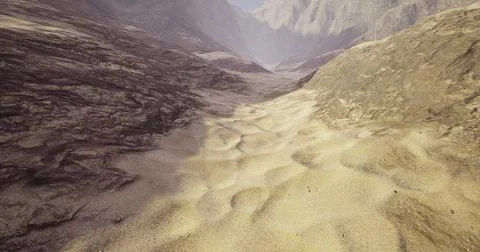 Desert landscape with winding sand patterns and rocky terrain at noon Stock Illustration