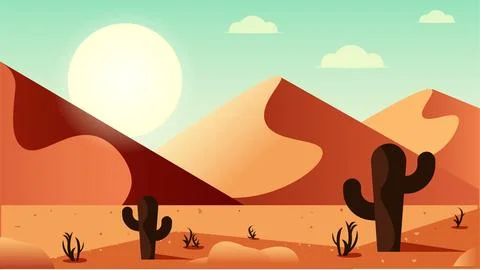 Desert with a large sun visible from behind a sand mountain, cacti and bush.. Stock Illustration