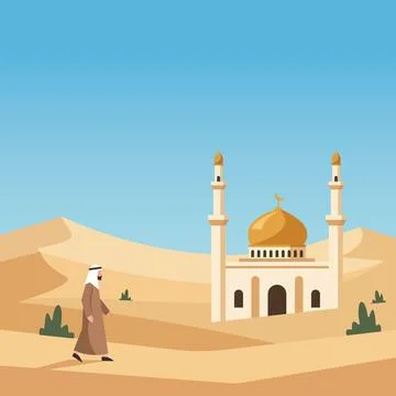 Desert Mosque Beneath Endless Quiet Sky Flat Design Stock Illustration
