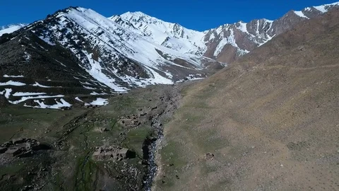 Desert mountain valley wit snow capped mountains and blue skies. Video stock 106334269