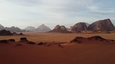 Desert mountains sand dunes drone aerial in Wadi Rum Jordan Stock Footage 171726338