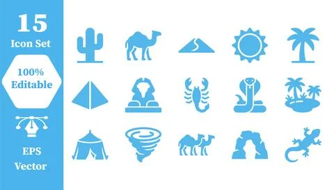 Desert nature and wildlife vector icon set for travel with wildlife, landscap Stock Illustration