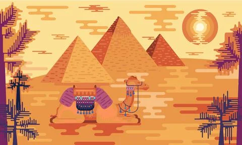 Desert nature landscape vector illustration - Egyptian great pyramids and camel Stock Illustration