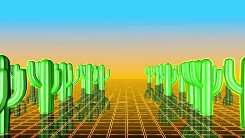 Desert with neon cacti, 3D camera movement animation. Stock Footage 237938946