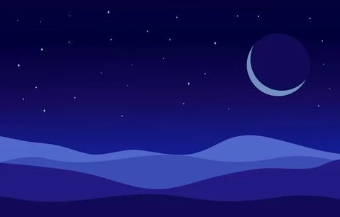 Desert in night sky background view. Crescent above the desert Ilustração Stock