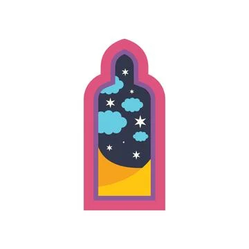Desert night sky seen through ornate window with clouds and stars Stock Illustration