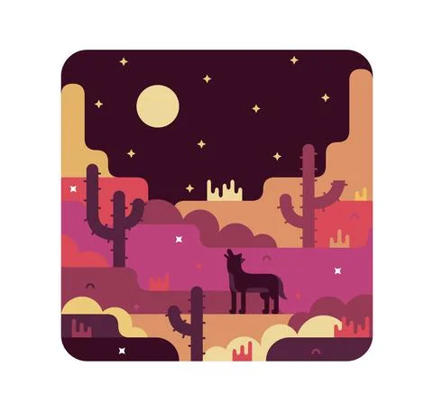 Desert at night, wolf howling at the moon, cactus, rocks - Vector Illustration Stock Illustration