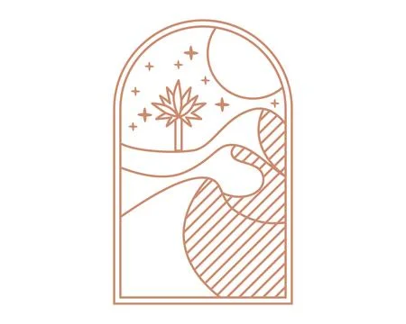 Desert oasis brown boho logo. sand, moon, palm, stars landscape aesthetic ico Ilustração Stock