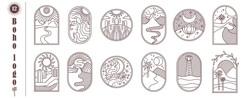 Desert oasis brown boho logo set. sand, sun, moon, palm, stars landscape ae.. Stock Illustration