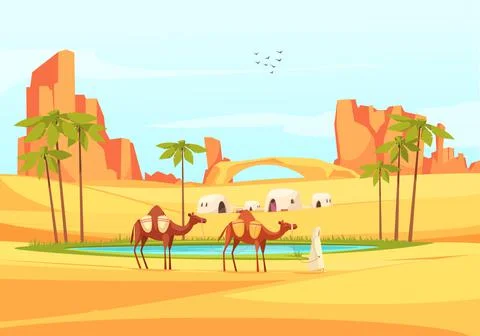 Desert oasis camels composition vector design Stock Illustration