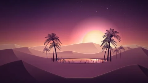 Desert Oasis Date Palms Spring Pool Dusk Seamless Loop Stock-Footage 346879173