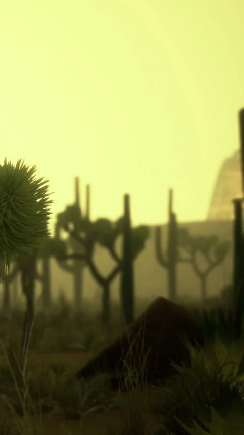 Desert oasis glows softly in the light of a fading day amongst silhouettes Stock Footage 334245167