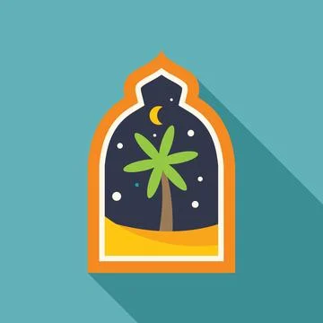 Desert oasis at night seen through islamic arch window with crescent moon a.. Stock Illustration