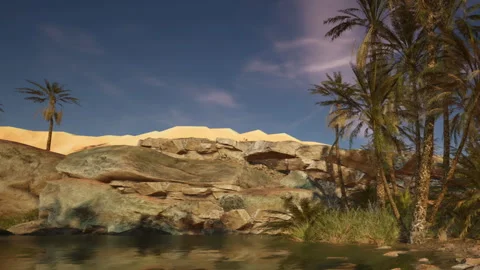 Desert Oasis With Palm Trees and Rocky Cliffs Under a Blue Sky 스톡 동영상 344824379