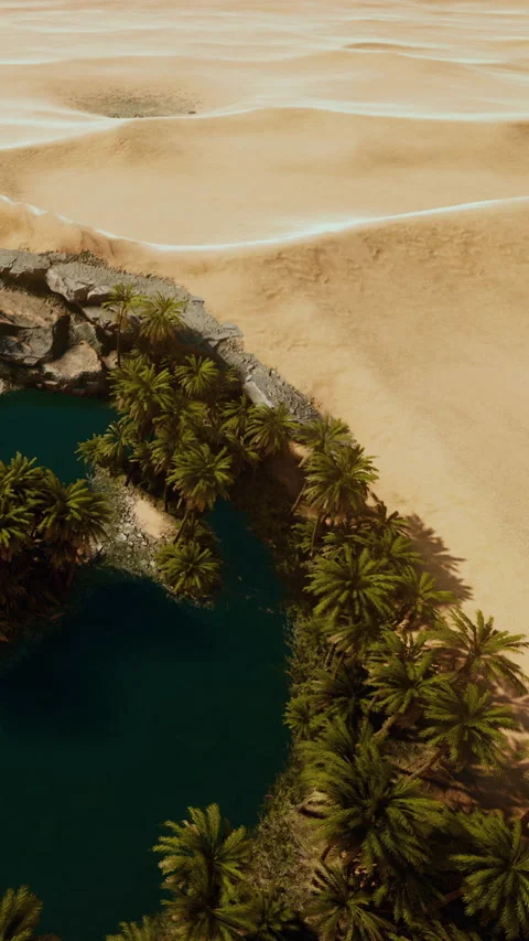Desert oasis with palm trees and still water in a dry landscape 스톡 동영상 345009602