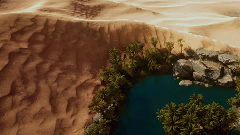Desert oasis with palm trees and clear water in a sand landscape 스톡 동영상 345014244