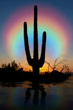 Desert Oasis at Sunset with clouds and orange colored sky Stock Photos