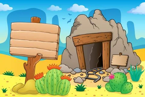 Desert with old mine theme - illustration. Stock Illustration