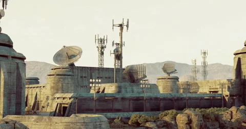 Desert outpost with advanced communication technology in a remote landscape Stock Footage 305695798