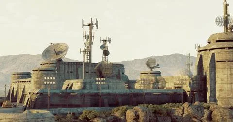 Desert outpost with advanced communication technology in a remote landscape Stock Illustration