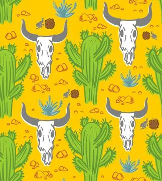 Desert pattern seamless hand drawing. cow skull and cactus background. イラスト素材