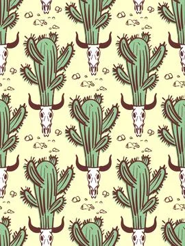 Desert pattern seamless hand drawing. cow skull and cactus background. Stock Illustration